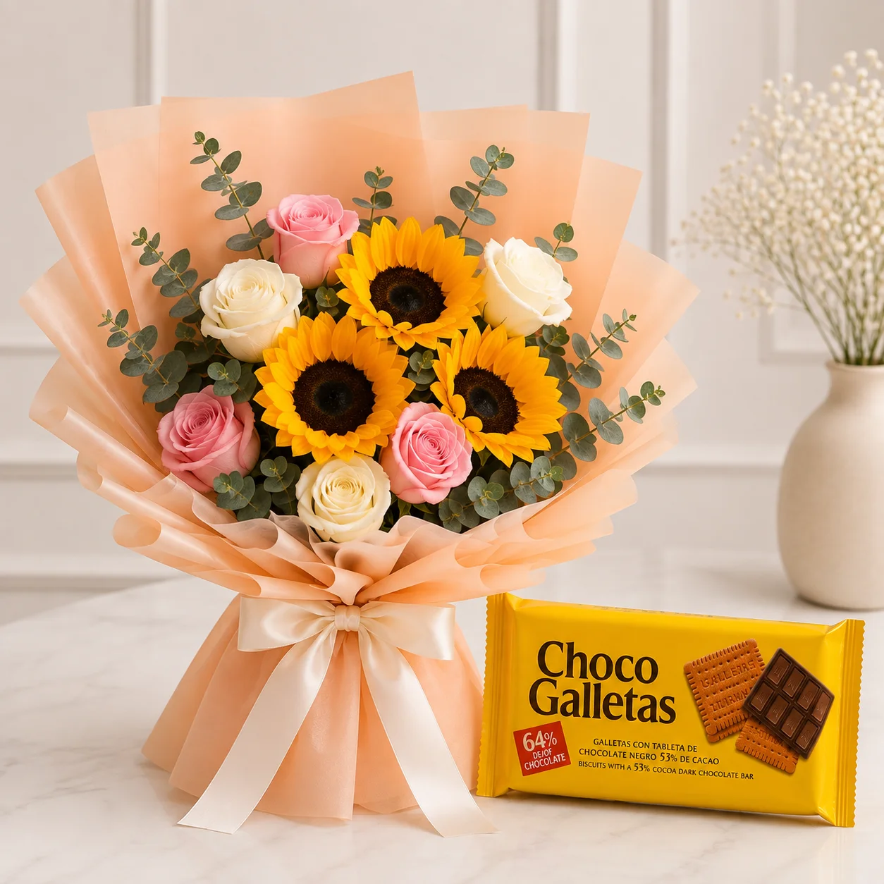 Sunshine Roses & Dark Chocolate Celebration Combo with colorful flowers and dark chocolate